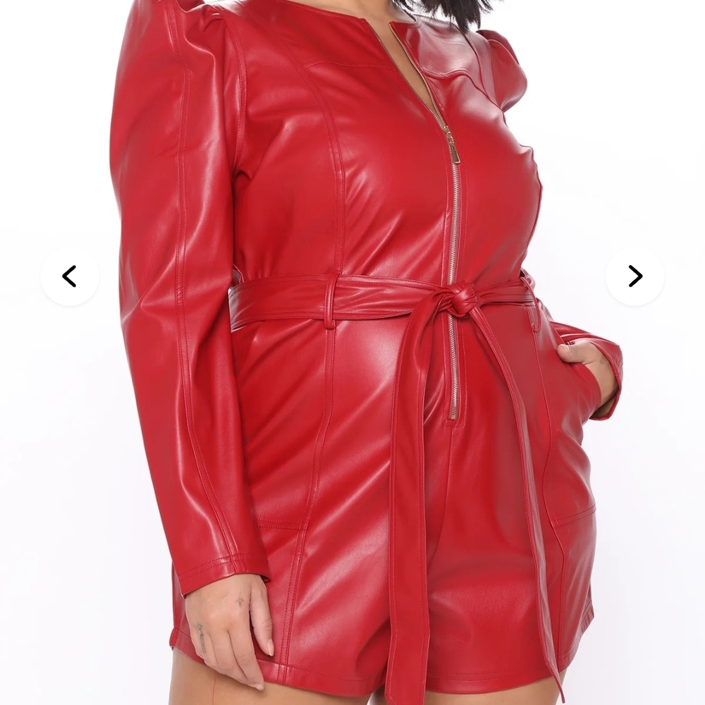 Fashion Nova Red Faux Leather Belted Jacket Romper